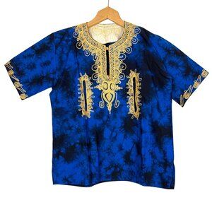 Handmade African Dashiki Shirt Small Blue Batik Tie Dye Gold Embroidered Pockets